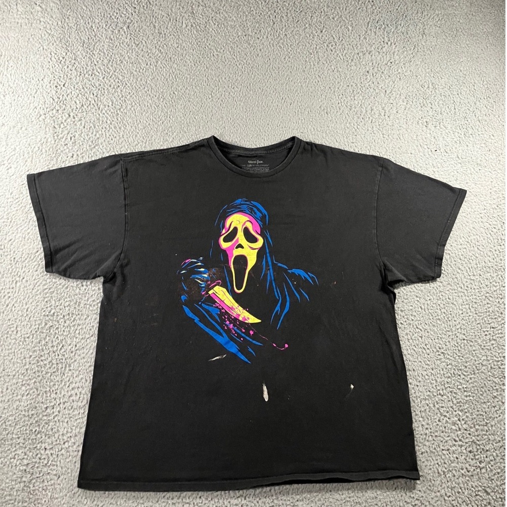 Ghost Face Graphic T-Shirt Men 2XL Black‎ Neon 90s Movie Thrashed Grunge Retro